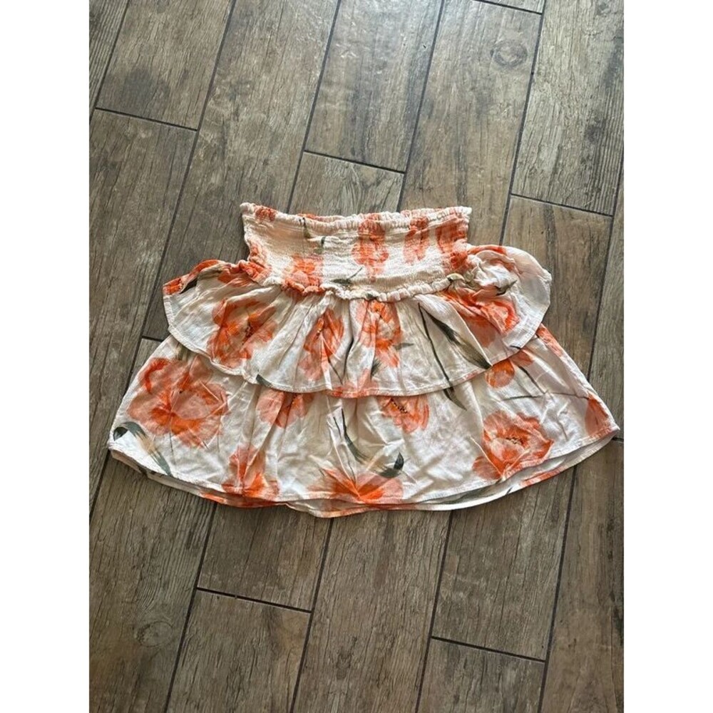 Bila 77 orange salmon floral smocked-waist layered ruffle flowy mini skirt S